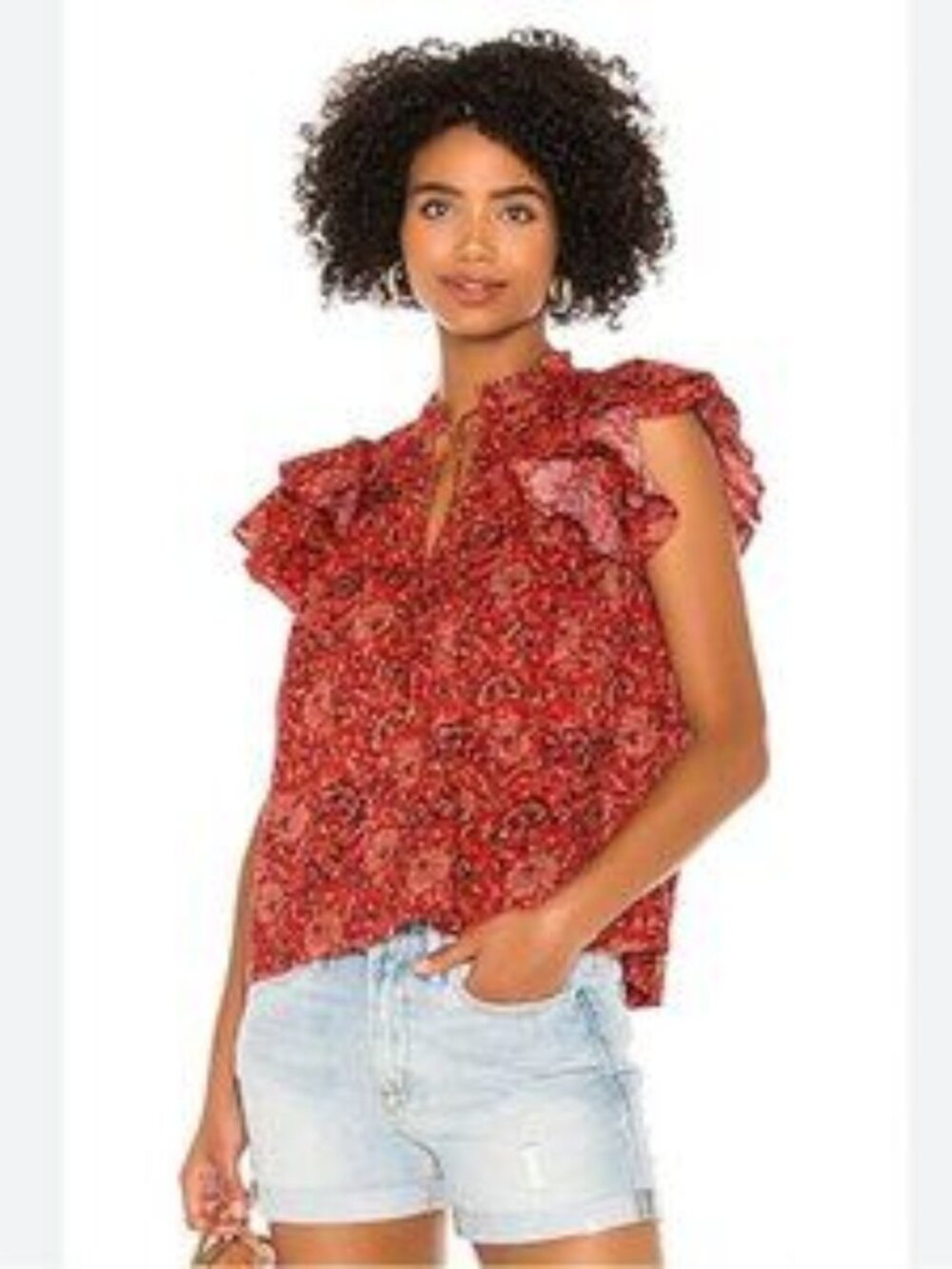 Ulla Johnson Gabi Shirt Womens 0 Red Floral Ruffle Flutter Sleeve Boho Blouse
